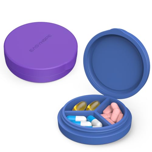 2 Pack Small Pill Box Premium Thick Silicone 3 Compartment Travel Pill Box for Home/Desk Organizer Portable Compact Medicine Holder for Vitamin Cod Liver Oil Supplement(Purple+Blue)