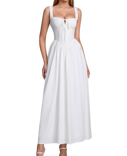 Image of GLNEGE Womens Corset Midi Dress Spring Wedding Guest A-line Flowy Dresses Lace Up Summer Tea Party Long Sundress for 2026