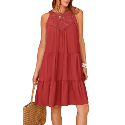 Odizli Sommerkleid Damen Leicht und Luftig Elegant Frühling Sommer Tunikakleid Ärmellos Neckholder Boho Spitze A Linie Knielang Tunika Tshirt Kleid...