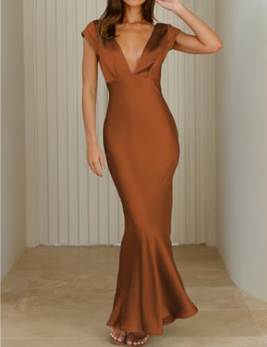 Image of Halfisland Womens Summer Satin V Neck Cap Sleeve Midi Dress Wedding Guest | 2026 Summer,Backless,Hollow Out,Long,Formal,Cocktail,Twist,Bridesmaid,Party,Baby Shower,Short Sleeve,Beach,Elegant,Evening