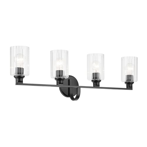 Image of Kichler Gioe 4-Light Bathroom Vanity Light Fixture with Clear Fluted Glass in Black, Modern Wall Mount Over Mirror Lighting for Powder Room (32.25 x 10.5 x 6.75 in), 55227BKFLU