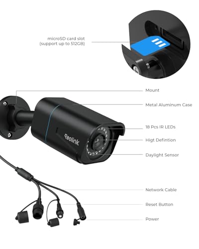Reolink 4K PoE Beveiligingscamera met Mens/Voertuig Detectie, IP67 Weerbestendige, Bullet IP Camera Buiten met slimme bewegingswaarschuwingen, Audioregistratie, Time Lapse, RLC-810A zwart