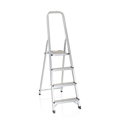 hjh OFFICE 801101 Solid II Escabeau Pliant en Aluminium, avec 4 marches et Barre de sécurité, Charge maximale : 150 kg, Couleur Argent Cover