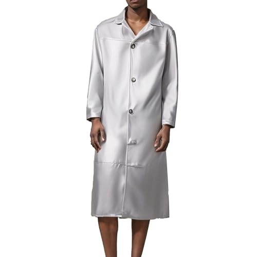 Maiyifu-GJ Men's Full Length Faux Leather Jacket Fall Winter Long Trench Coat Fashion Vintage Open Front Cardigan Jackets (Silver-2,Small)