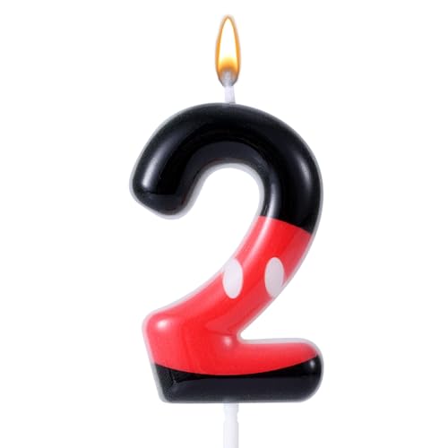 Vela de aniversário com número vermelho e preto, velas de aniversário com números temáticos de desenhos animados vela de aniversário com número de rato vermelho de parafina ornamento para bolo (Número