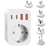 Dhqkqg Reiseadapter Weltweit Set, Internationaler Universal Adapter mit 2 USB-C & 2 USB-A Ports, 6 Abnehmbare Reisestecker Travel Adapter für Südafrika/JAP/AUS/USA/EU/UK