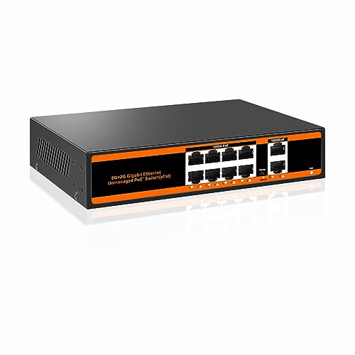 YIDUOYUNCAI 10 Port Gigabit Ethernet PoE Switch, 8 PoE+ Port, 2 Uplink Port, 150W, 802.3af/at, Metal, Fanless, Plug and Play, Unmanaged Network Switch