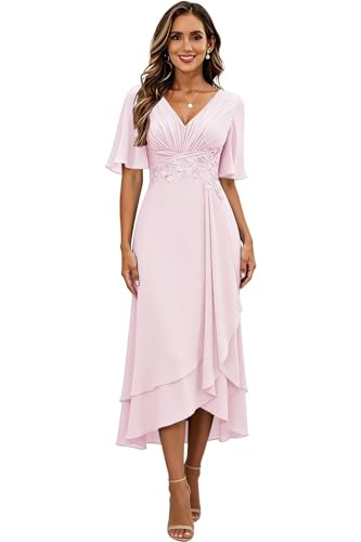 Image of Lace Applique Mother of Bride Dresses Chiffon Mother of the Groom Dresses Tea Length Formal Evening Dress with Sleeve