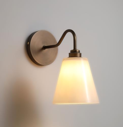 Image of Hardwired Vintage Antique Brass Wall Sconce with Milk Glass Cone Shade, Antique Bronze Finish Sconce for Kitchen Sink, Bathroom, Bedroom (Bulb Included)