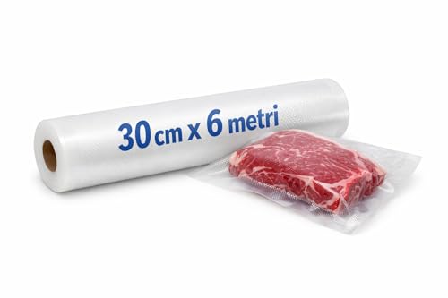 Terryshop74® Rotolo Buste Sottovuoto per Alimenti Goffrato 30 cm x 6 m – Sacchetto Tagliabile per Conservazione e Congelazione – Compatibile con Tutte le Macchine Sottovuoto