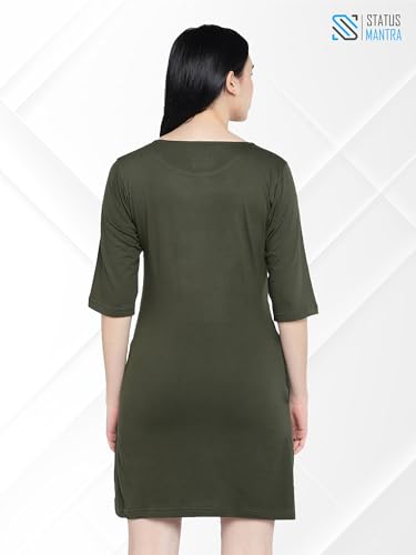 Image of STATUS MANTRA Women's Long T-Shirt Dress - Cotton Casual Knee Length Dress with 3 /4 Sleeves | Soft Bio-Washed Fabric, Crew Neck, Relaxed Fit | Comfy Summer Lounge Wear