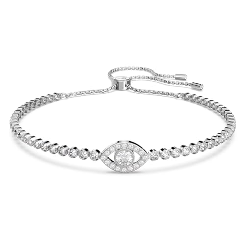 Aggiungi un senso di mistero a qualsiasi look con questo affascinante braccialetto. La delicata fascia è realizzata con una tecnica tradizionale a catena di gioielli ed è impreziosita da un motivo malocchio impreziosito da pavé. È rifinito con placcatura in rodio e una chiusura scorrevole per una vestibilità personalizzata.
