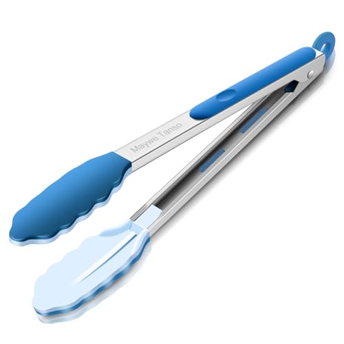 600℉ Heat Resistant Kitchen Tongs for Cooking with Silicone Tips,12-Inch Stainless Steel Locking Cooking Tongs Food Tongs for BBQ,Salad and Serving Food,Heavy Duty,Non-Stick (12-Classic Blue)