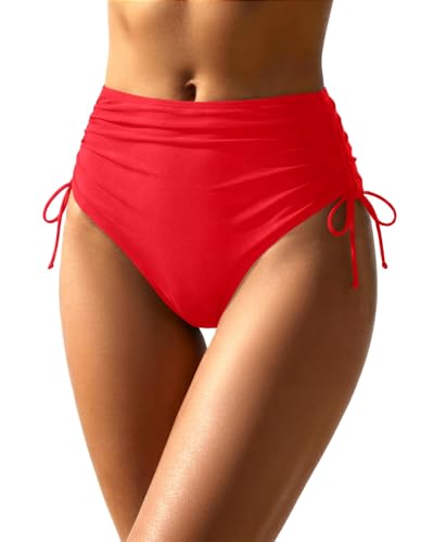 Image of Holipick Women's High Waisted Bikini Bottom | Tummy Control Ruched, Full Bum Coverage, Full Lining, Adjustable Drawstring Tie Side, Swimming, Beach