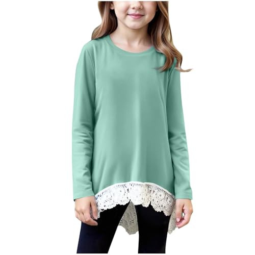 Girls Long Sleeve Shirt Casual Tops Lace Trim Tees Basic Crew Neck Tshirt Loose Long Tunic Fashion Fall Clothes
