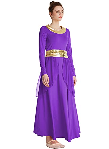 Robe de danse violette à taille métallique et manches longues amples XL - 5