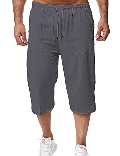 Wanzetaly Mens Casual Soft Linen Long Shorts Knee Length Sport Running Lounge Work Shorts Capri Pant