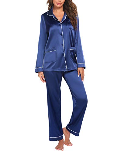 Ekouaer Nightwear Set Long Sleeve Pajama Set with Pants for Women Pj Sets Tall Women's Pajamas Navy Blue