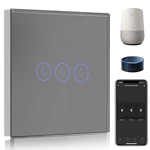 BSEED Smart Light Switch,Compatible with Alexa and Google Home,3 Gang 1 Way WiFi Touch Switch,2 Way or Multi-Way Control by SmartLife APP,Grey Alexa Switch with LED Indicator Light-Neutral Wire Need