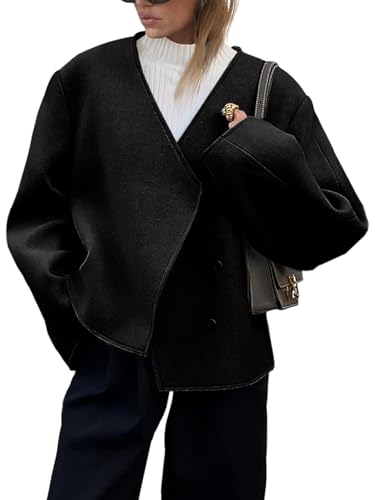 Image of Cicy Bell Womens Cropped Wool Jackets Fall V Neck Short Pea Coats Single Breasted Outerwear Winter Outfits