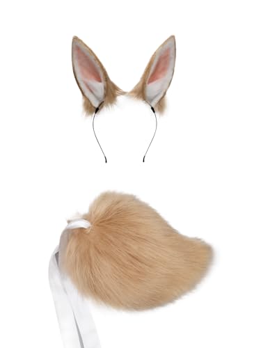 QinRuan Womens Bunny Ears Headwear Faux Fur Rabbit Ears Headbands and Tail Cosplay Party Coustume Set