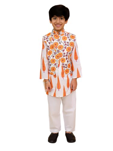 Image of The Mom Store Boys Printed Cotton Kurta Pajama Set With Jacket | Soft And Comfortable Ethnic Wear For Baby /Kids Boys | Full Sleeves Kurta Pyjama Set | Traditional Indian Outfit