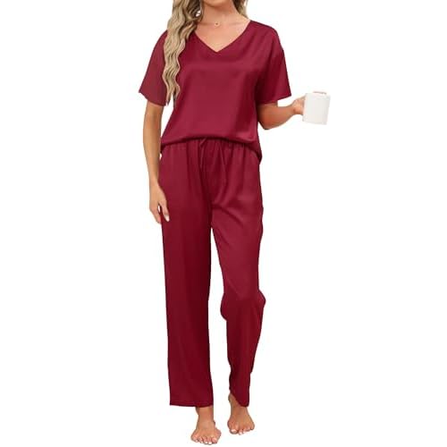 Reliwel Women’s Pyjama Sets Silk Satin Ladies Pyjamas Long Sleeve Silk Pjs for Women Two Piece V Neck Sleepwear Comfy Loungewear S-XXL