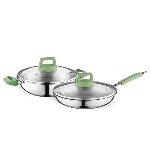 Image of Kreme Platina Triply Stainless Steel Cookware Set of 4 Pcs - Kadai 24cm /2.8L and Frypan 24cm /1.8L with Glass Lids, Consumes Less Oil, Healthy Cooking - Induction and Gas Stove Ready