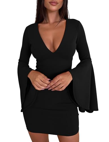 Aprilake Women's Sexy V Neck Bodycon Mini Dress Bell Long Sleeve Party Club Short Dresses Black