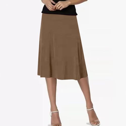 Women's Midi Knee Length Skirts Casual High Waist Flowy Flared A-Line Summer Stretch Basic Pull-On Long Modest Skirt2