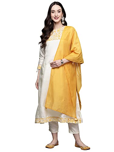 Image of INDO ERA Women's Pure Cotton Floral Printed A-line Kurta Palazzo with Dupatta Set (ERERE2455 Off White XS to 2XL-Size)
