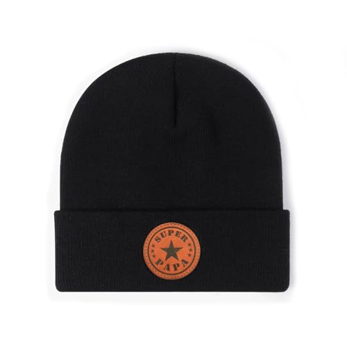 Qoyupuza Super Papa Beanie, Black Winter Hat for Dad, Leather Patch Funny Gifts from Daughter, Son or Wife, Christmas & Father’s Day