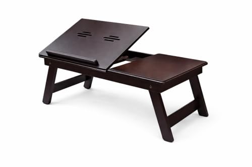 Image of Wooden Laptop Table Standard Adjustable Study Table with Laptop, Portable Lap Desk, Multifunctional Bed Table with Drawer and Folding Legs (Brown N)