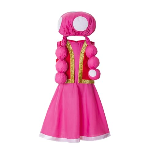 Girls toad costume kids toadette costume with Mushroom Hat+dress+vest 5 Years