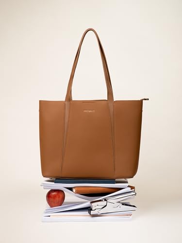 Image of Camille Tote Bag for Women with 3 Compartments & 14 inch Laptop Space, Minimalist Structured Shoulder Handbag with Magnetic Snap & Zipper Closure |