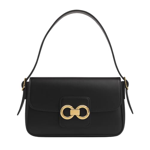 Willibags Bolsa Baguete Feminina com Alça de Ombro Ajustável, Couro Sintético Preto, Detalhes Dourados, Estilo Casual Moderno, Grande (Preto)