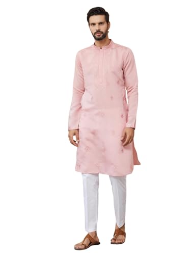 Image of See Designs Men's Long Sleeve Mandarin Collar Side Slit Off-White Embroidered Chanderi Silk Straight Kurta