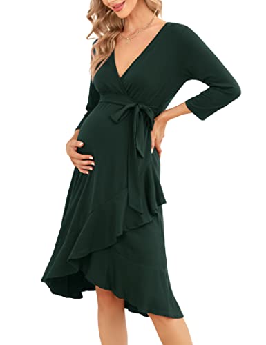 KOJOOIN Damen Umstandskleider 3/4 Ärmel Stillkleid Knielang Schwangerschafts Rüschen Kleider mit Gürtel Dunkelgrün(3/4 Ärmel) M