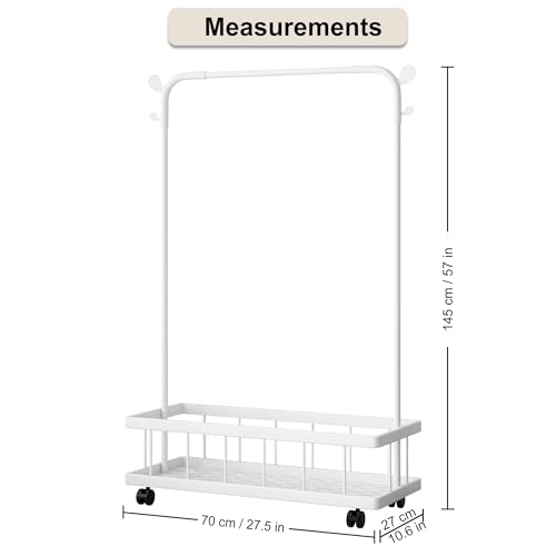 Image of Story@Home Freestanding Metal Clothes Hanging Stand with Wheels, Bottom Storage Shelf & Coat Hanger | Heavy-Duty Garment Rack for Bedroom, Laundry, Entryway & Living Room - White
