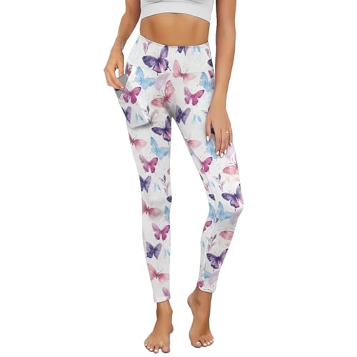 Poceacles Butterfly Violet Pink Blue Womens Yoga Leggings with Pockets Workout Leggings Full Length High Waisted Running Pants Non See-Through Athletic Tights Printed Tights, M