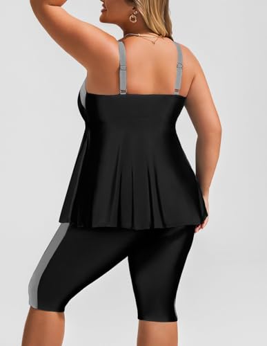 Hanna Nikole Damen Übergröße Tankini Set Bauchkontrolle Bademode Elastische Zweiteilig Badeanzüge Schwarz und Grau 46 2