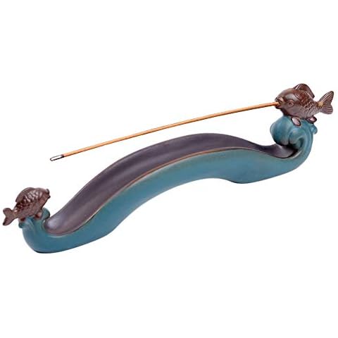 NAGU Cute Incense Holder Fish, Ceramic Incense Stick Holder Double Incense Burner, Funny Long Incense Ash Tray for Home Decoration, Yoga. Meditation, Tea Cover