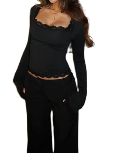 Women's Lace Trim Square Neck T Shirt Y2K Long Flare Cuff Sleeve Basic Tops Elegant Slim Fit Blouse Aesthetic Tee Shirts (Black, XL)