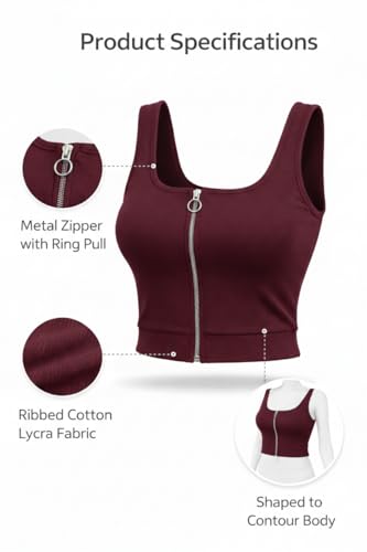 Image of Women's Cotton Lycra Ribbed Crop Top Slim Fit Sleeveless Front Zip Tank for Casual Wear, Party, Street Style & Summer Outfits