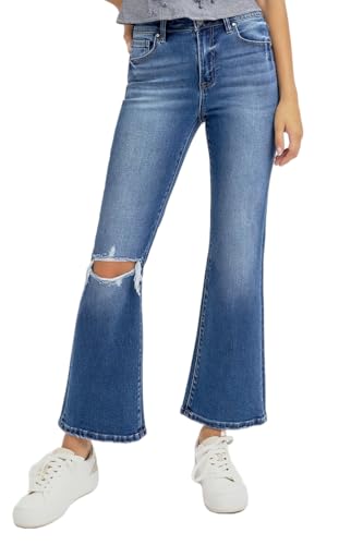 Risen Women's Distressed High Rise Crop Flare Jeans