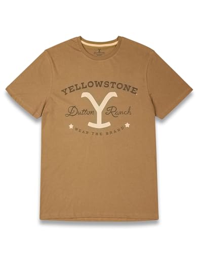 Y Yellowstone Mens Pyjama Set | Adults Dutton Ranch Tan Short Sleeve Graphic Tee & Navy All Over3