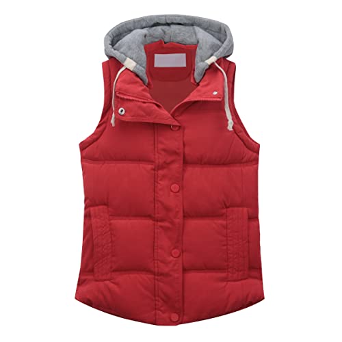 YUNCLOS Damen Übergangsjacke mit Abnehmbarer Kapuze Leichte Ärmellos Steppweste Outdoor Weste Warmhalten Taschen Gilet Herbst und Winter,Rot,L