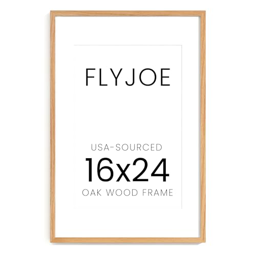 Image of FLYJOE 16x24 Oak Wood Picture Frame with Mat for 12x18, 16 by 24 USA-Sourced Natural Solid Wooden Poster Frame for Wall Display, Tempered Real Glass, Hanging Hardware Included, 1 Pack, Natural