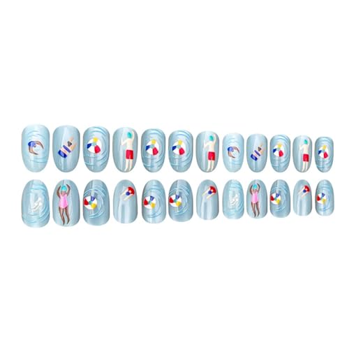 Image of Blue Press on Nails Medium Oval Fake Nails with Summer Swimming Pool Design Reusable Glossy Full Cover Glitter Stick on Nail for Women Manicure 24Pcs