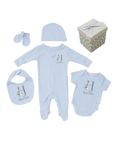 Personalised Baby 5 Piece Gift Set Blue Newborn Size Grey Bunny Design - Cube Gift Box with Bow Baby Boy Gift - Sleepsuit, Short Sleeved Bodyvest, Bib, Hat, Mittens 3-6 Months Blue